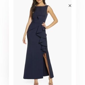 Eliza J Navy Sleeveless Ruffle Column Gown